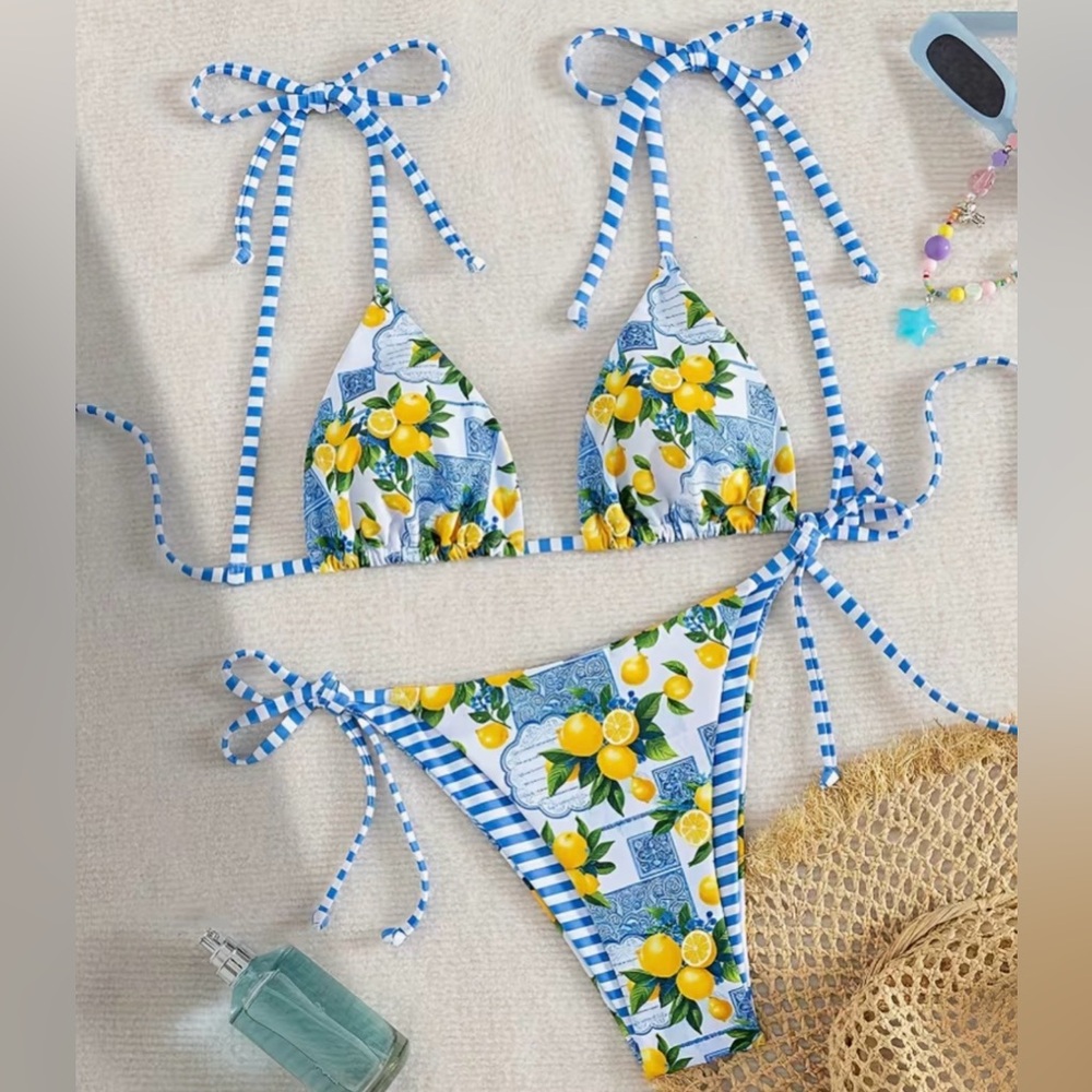 Lemon Print Triangle Side Tie Bikini Set - Picture 7 of 11